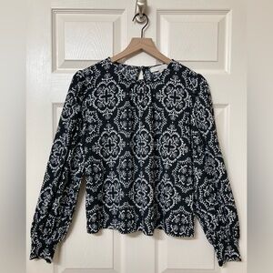 LOFT Women’s Black White Block Print Boxy Fit Bishop Sleeve Shirt Size Small